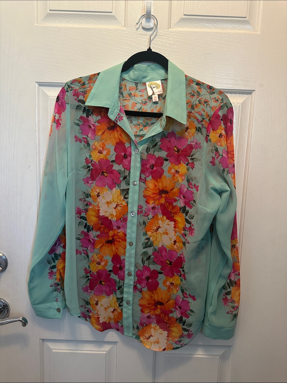 Anthropologie Fig and Flower Shirt - Mint Green Pink & Orange Flowers Size M